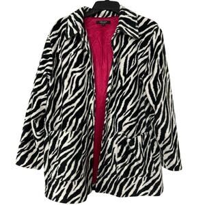 KAREN KANE Black & White Zebra Print Faux Fur Fleece Button Down CoatS Mob Wife